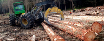 A green digger picks up a log from a pile. There is a forest in the background.