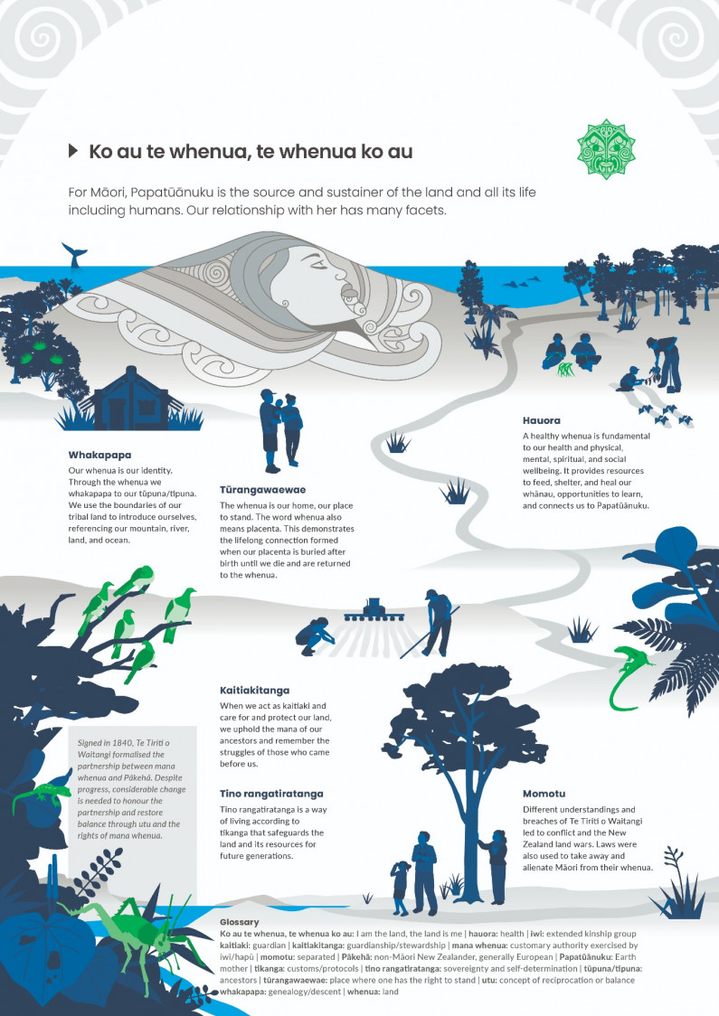 An infographic explaining the relationship between tangata whenua, the people of the land, and the whenua, the land.