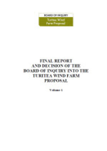 Cover for board of inquiry decision and final report turitea wind farm proposal