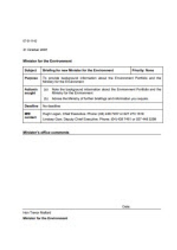 Cover for briefing for the new minister for the environment oct 2007