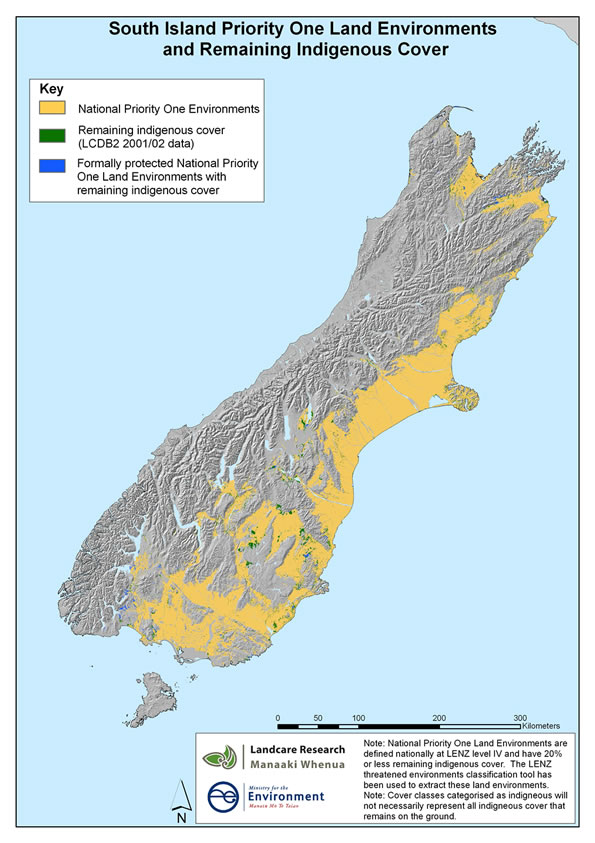 South Island Priority One Land Environments and Remaining Indigenous Cover