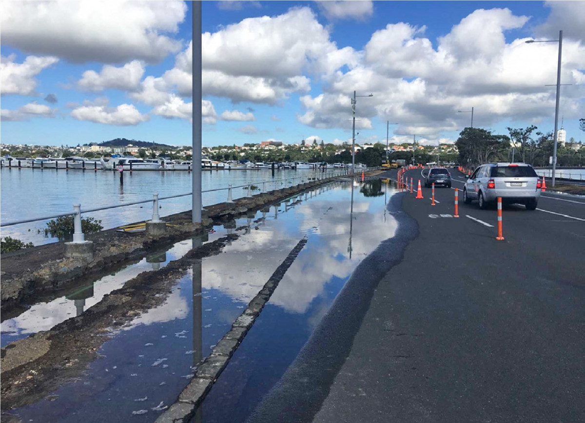 Blue sky flooding from a king tide on Tamaki Dr Auckland March 2020