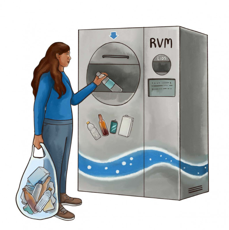 An illustration of a woman with a bag of different containers, dropping off a plastic bottle into a reverse vending machine (RVM).