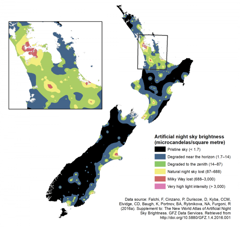 Map of New Zealand showing artificial night sky brightness, ranging from very high light intensity to pristine sky. Brightness is concentrated in urban areas.