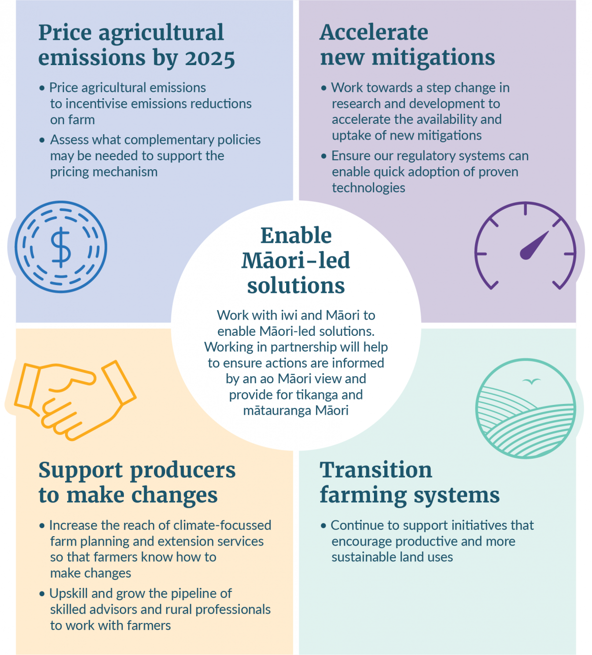 An infographic outlining five focus areas for agriculture: price agricultural emissions by 2025, accelerate new mitigations, support producers to make changes, transition farming systems, and enable Māori-led solutions. Enabling Māori led solutions sits a