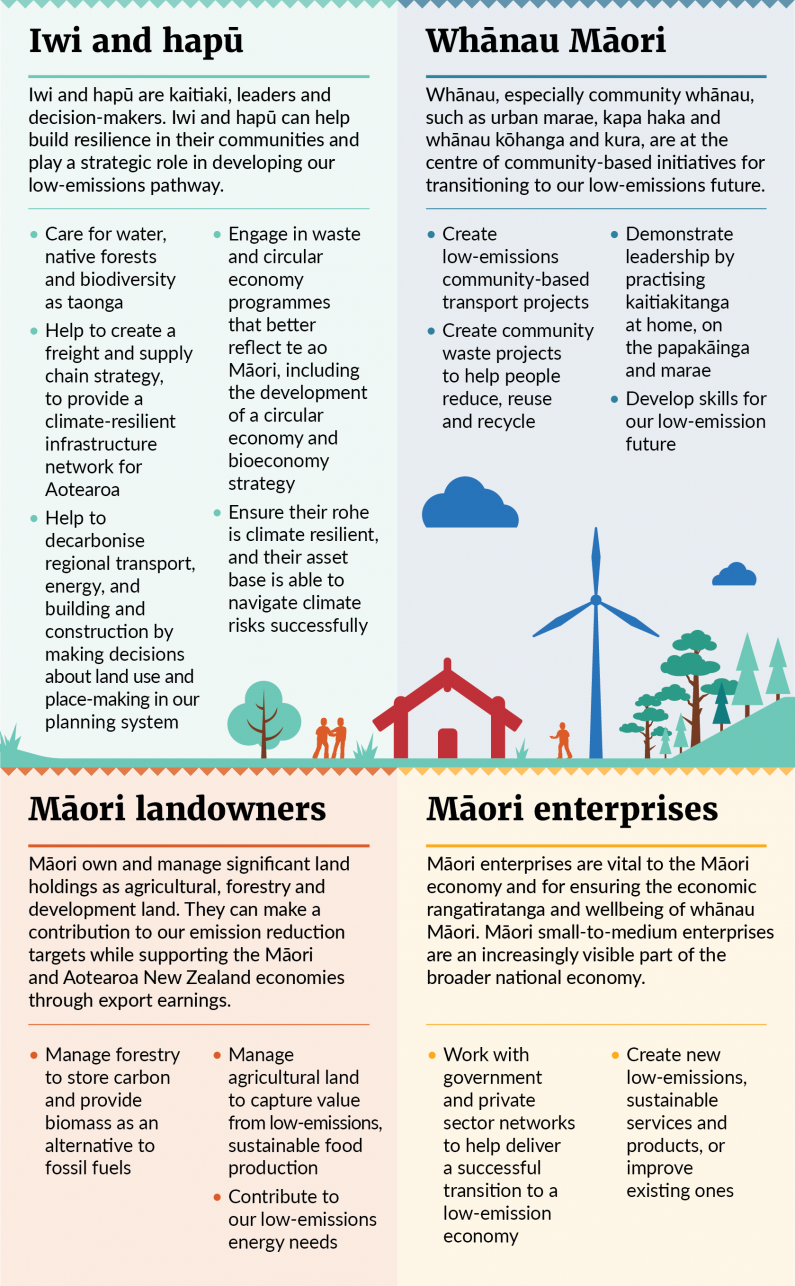 An infographic showing some of the strategic roles played by iwi and hapū, whānau Māori, Māori landowners and Māori enterprises in transitioning to a low-emissions future. 