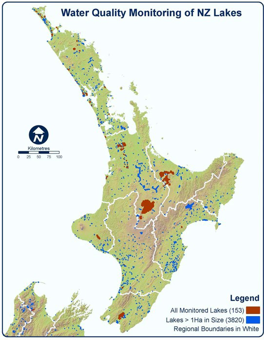 This figure shows the location of the lakes with trophic level monitoring along with all lakes greater than one hectare in the North Island. The total number of lakes with trophic level monitoring in both the North and South Island is 153. The total numbe