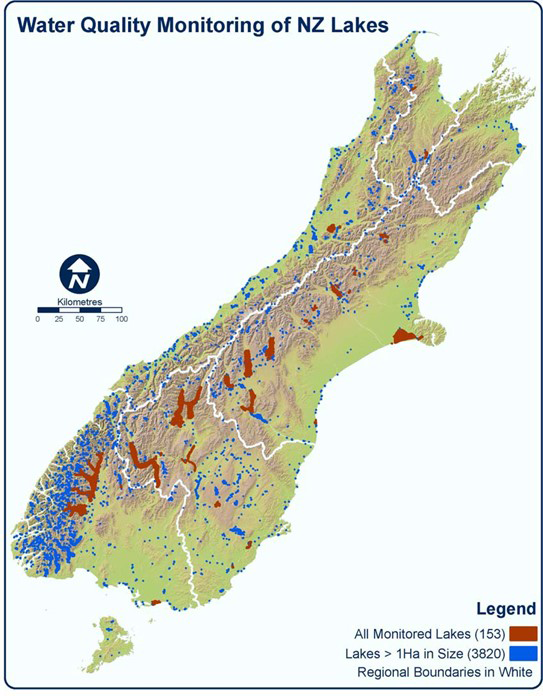 This figure shows the location of the lakes with trophic level monitoring along with all lakes greater than one hectare in the South Island. The total number of lakes with trophic level monitoring in both the North and South Island is 153. The total numbe