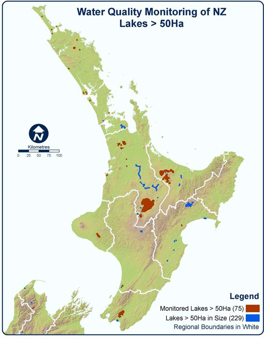 This figure shows the location of the lakes with trophic level monitoring along with all lakes greater than fifty hectares in size in the North Island. The total number of lakes with trophic level monitoring in both the North and South Island is 75. The t