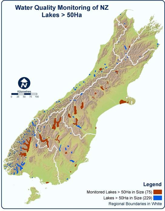 This figure shows the location of the lakes with trophic level monitoring along with all lakes greater than fifty hectares in size in the South Island. The total number of lakes with trophic level monitoring in both the North and South Island is 75. The t