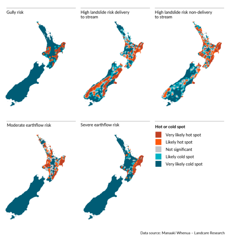 Hot and cold spots for landslide earthflow and gully erosion risk