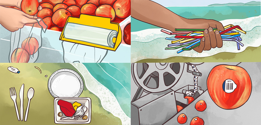 Illustrations of the banned or phased out single-use items. Read the description for more information.
