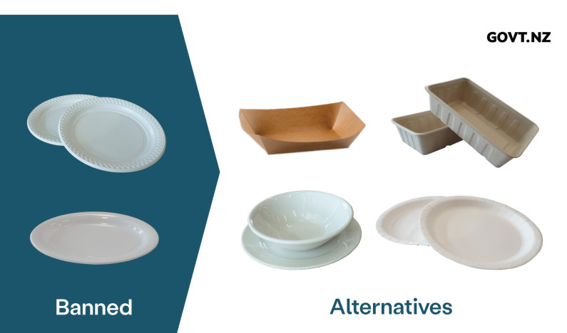On the left is banned plastic tableware, including plates and bowls. On the right are tableware alternatives such as ceramic, paper, and cardboard.
