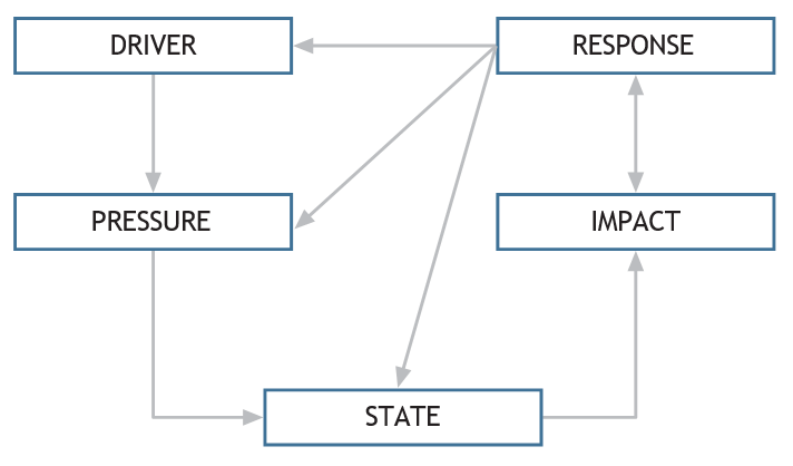 Figure 1.1 illustrates the connections and feedback loops of the DPSIR or Driving Forces, Pressure, State, Impact response model explained in the text. The D, P, S, I and R of the model are each shown in a separate box.  A series of connecting arrows join