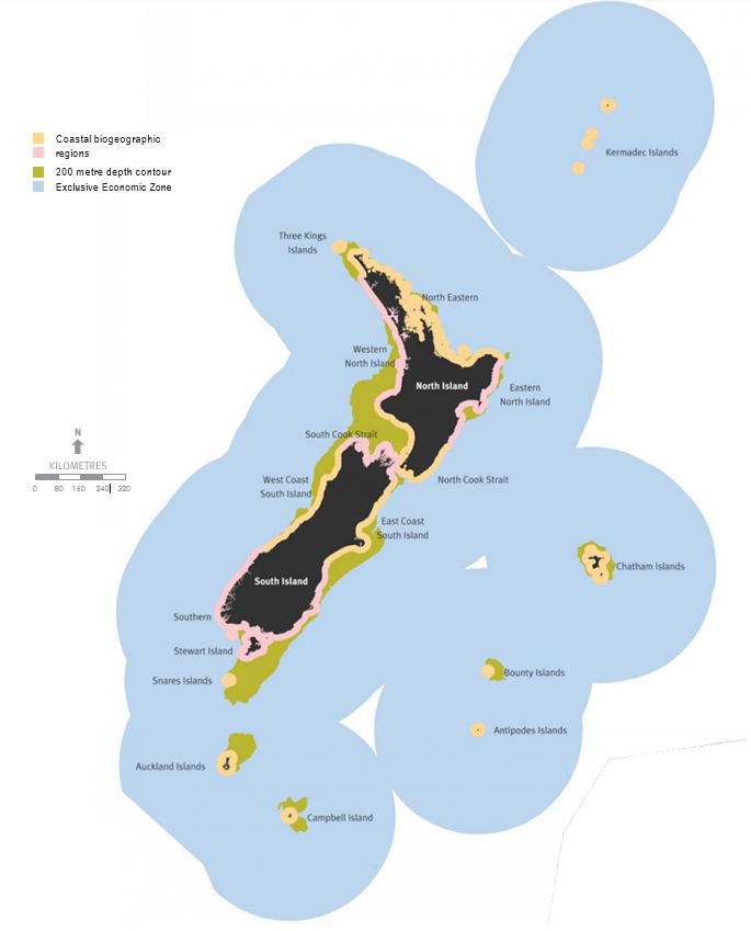 Figure 1.6 shows a map of New Zealand’s major islands in black surrounded by New Zealand’s 200 mile exclusive economic zone in blue.  The Coastal Biogeographic Regions are highlighted in two different colours around the edge of all the islands out to the 