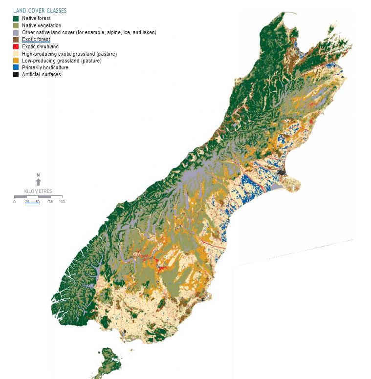 Figure 1.3 is a map that shows the extent to which each of nine major land cover classes from the Land Cover Database Series 2 (2001-2002) cover the South Island of New Zealand.  The nine classes include: native forest, native vegetation, other native lan