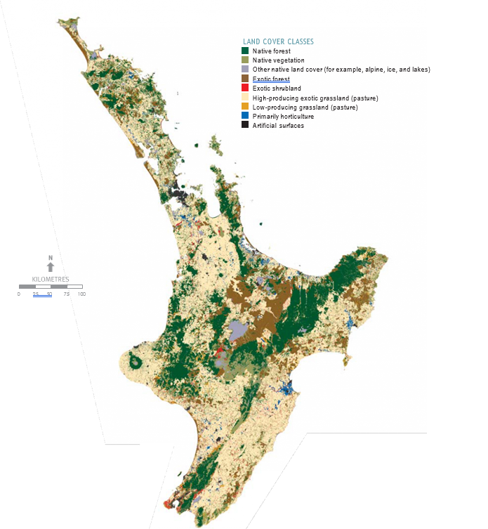 Figure 1.2 is a map that shows the extent to which each of nine major land cover classes from the Land Cover Database Series 2 (2001-2002) cover the North Island of New Zealand.  The nine classes include: native forest, native vegetation, other native lan