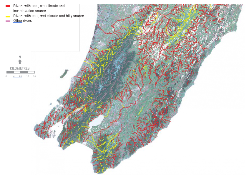 Figure 1.4 shows a map of the bottom of the North Island of New Zealand as one solid colour, from about Palmerston North south.  Overlaid on the map are the rivers in this area shown in three different colours according to their river environment classifi
