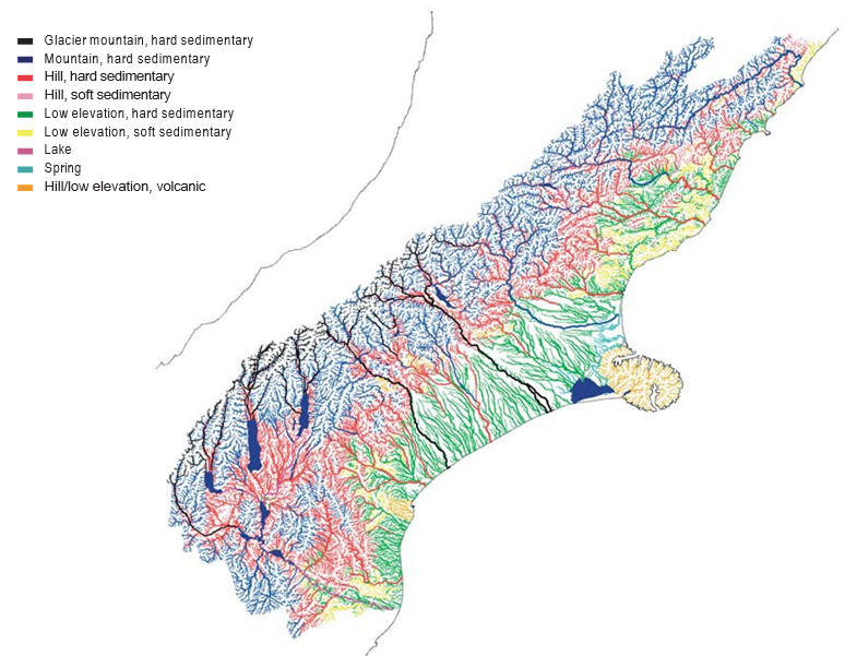 Figure 1.5 shows a map of the Canterbury region in New Zealand’s South Island overlaid by its river network.  The river network is mapped according to the River Environment Classification for source of flow and underlying geology.  There are nine differen
