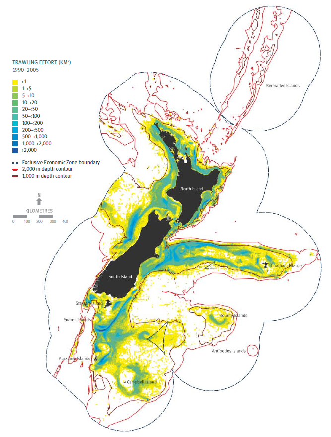 A map of New Zealand and its coasts, showing the location of commercial trawling effort by trawl catch effort processing returns, between 1990 to 2005.