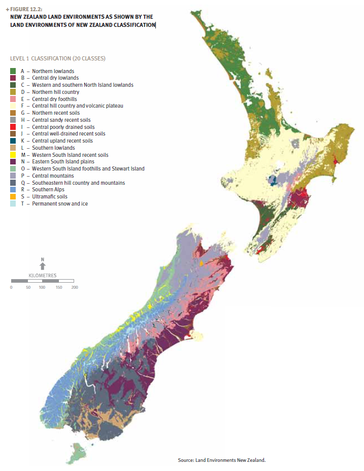 A map of New Zealand land environments.