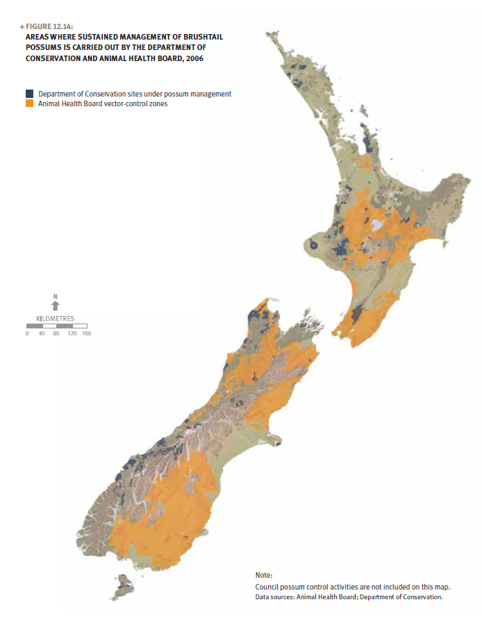 A map of New Zealand showing areas where management of brushtail possums is carried out in 2006.