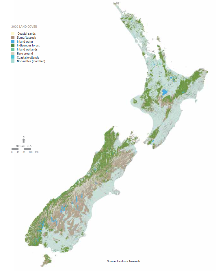 A map of New Zealand showcasing the size of types of land in 2002.