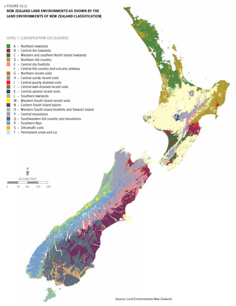 A map of New Zealand land environments.