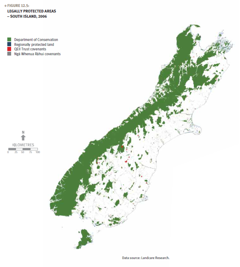 A map showing the legally protected areas in the South Island, New Zealand, as of 2006.