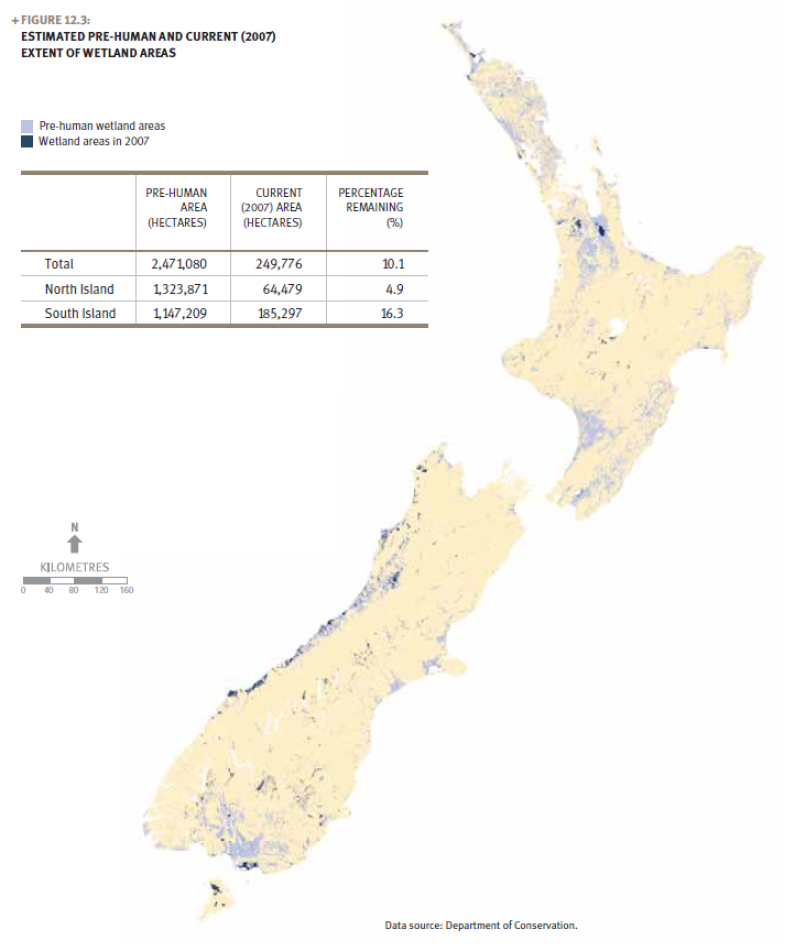 A map of New Zealand that shows an estimation of wetland areas pre-human, and compares them to 2007.