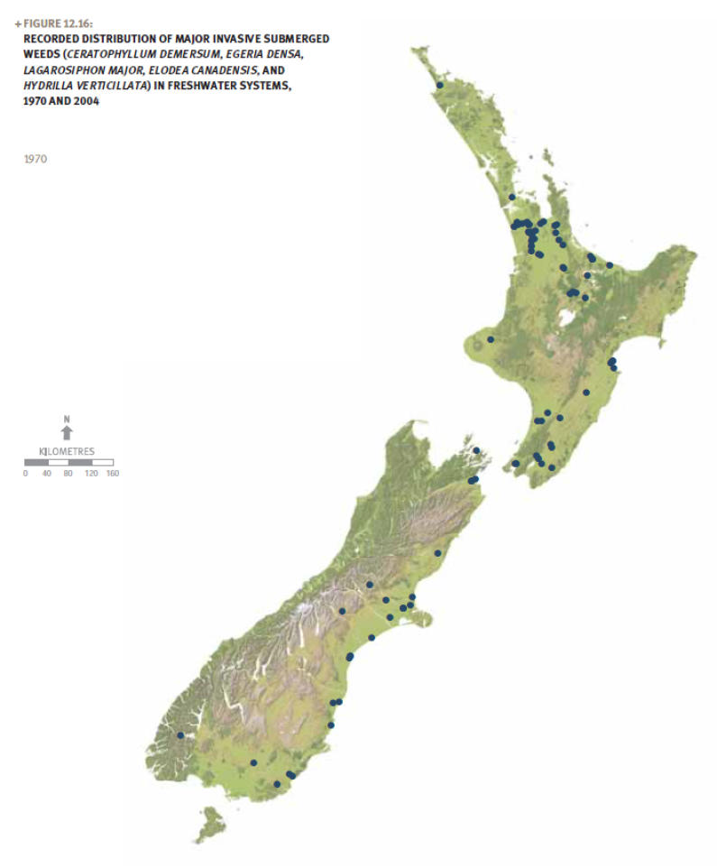 A map of New Zealand showing the recorded distribution of major invasive submerged weeds in freshwater systems in 1970.