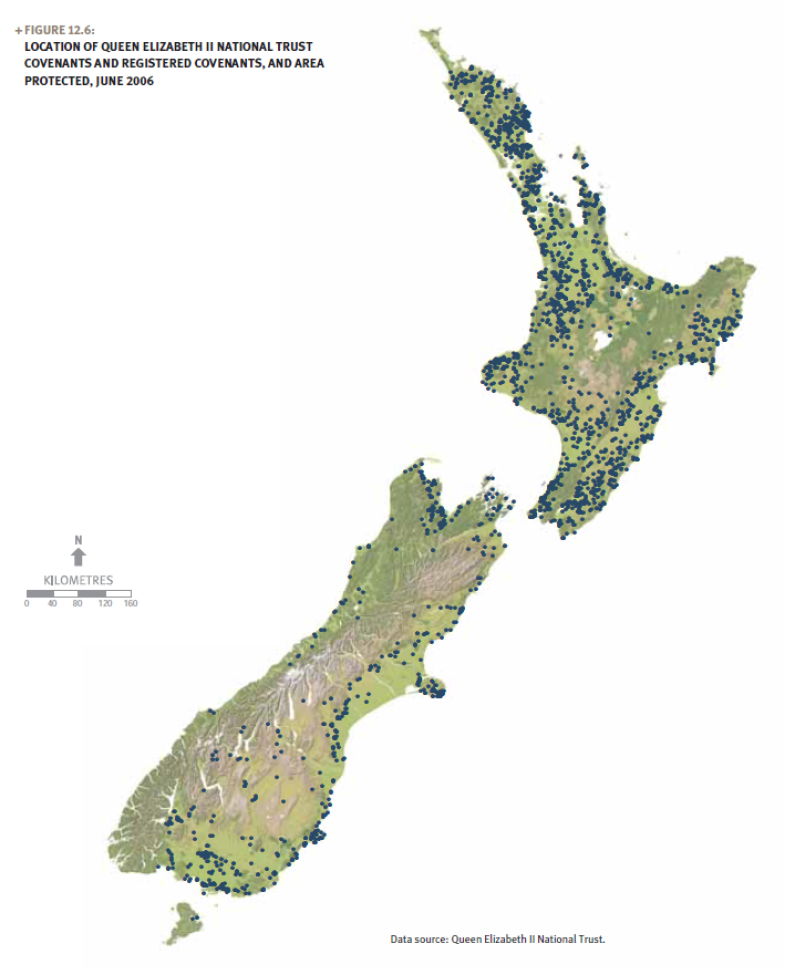 A map of New Zealand showing registered covenants and protected areas in 2006.