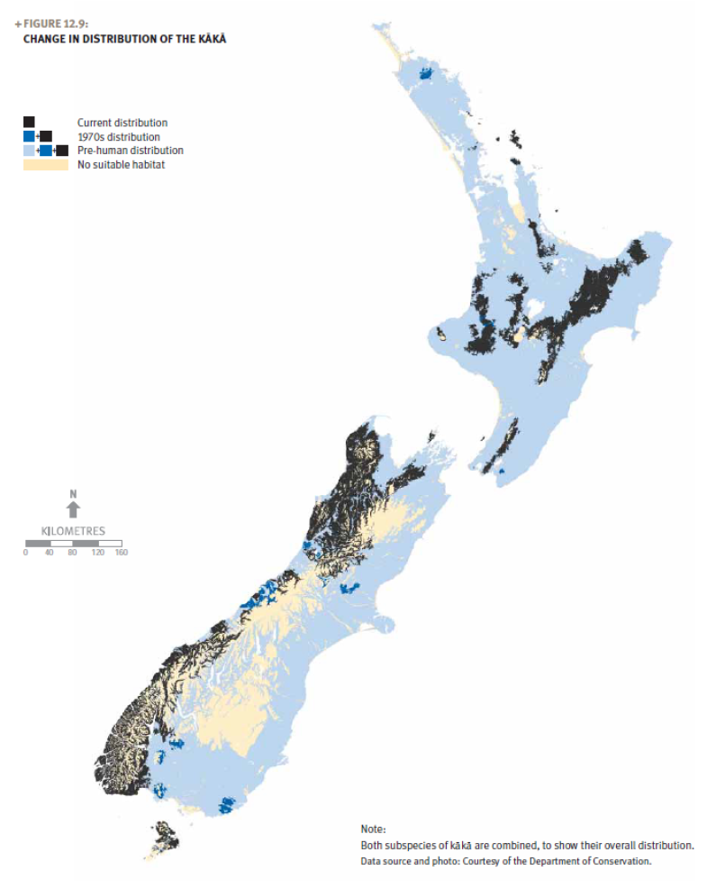 A map of New Zealand showing the change in distribution of the kākā.