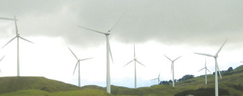 A group of wind turbines on a wind farm.
