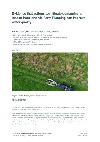 Evidence that actions to mitigate contaminant losses from land via Farm Planning can improve water quality cover
