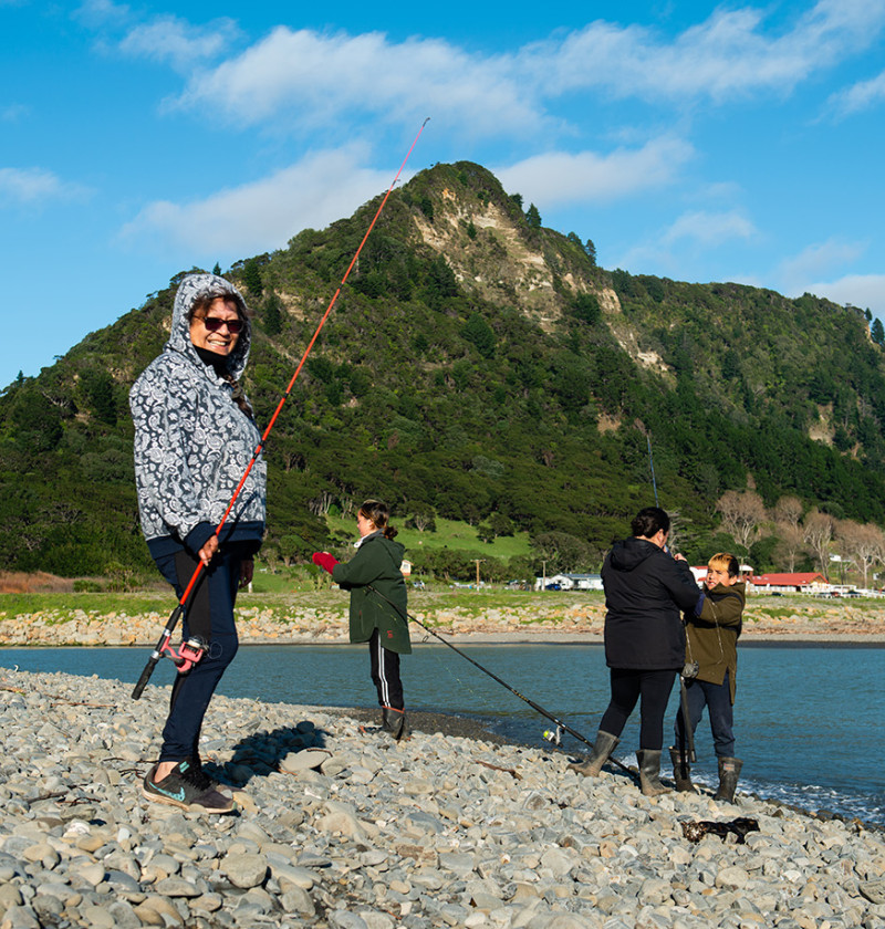 Four people are fishing with rods on a rocky shore. A green hill is in the background.