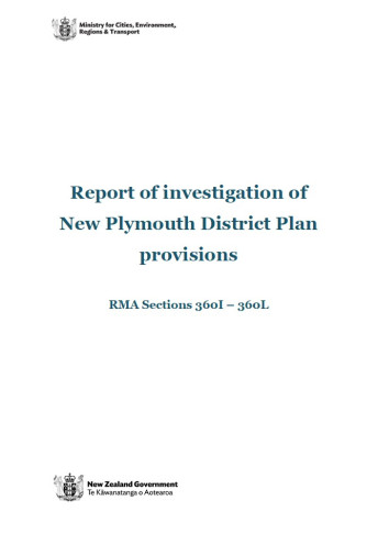 Report of investigation of New Plymouth District Plan provisions cover