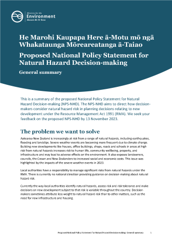 COVER Proposed National Policy Statement for Natural Hazard Decision making General summary