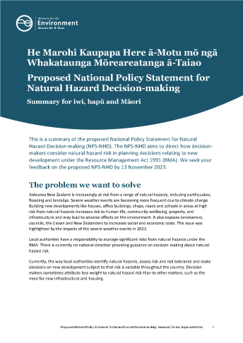 COVER Proposed National Policy Statement for Natural Hazard Decision making Summary for iwi hapu and Maori