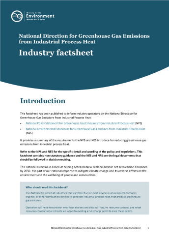 Cover National Direction for Greenhouse Gas Emissions from Industrial Process Heat Industry Factsheet