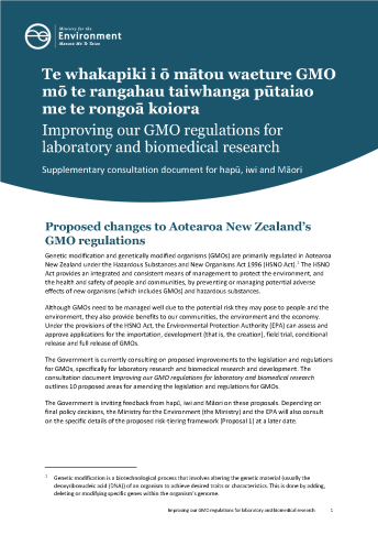 Improving our GMO regulations Supplementary consultation document for hapu iwi and Maori cover