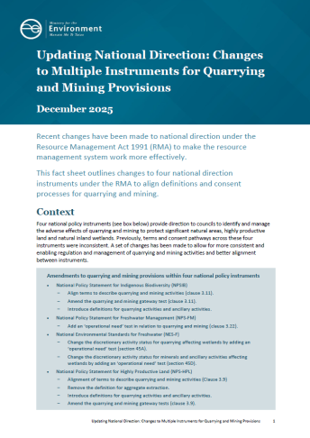 Updating National Direction   Changes to Multiple Instruments for Quarrying and Mining Provisions   cover