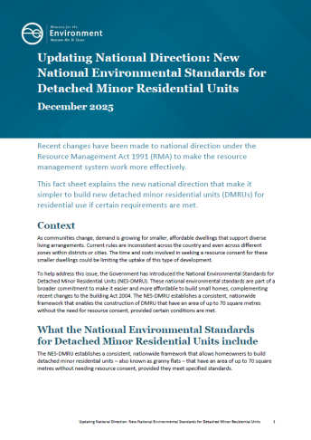 Updating National Direction   New National Environmental Standards for Detached Minor Residential Units   cover