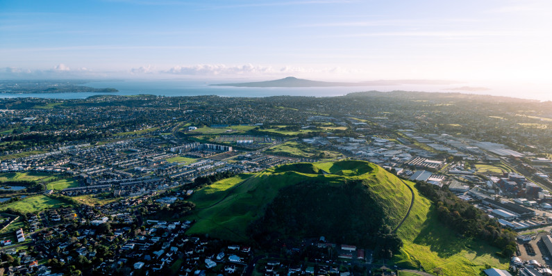 An aerial photograph of Auckland showing Mt Wellington and surrounding areas.