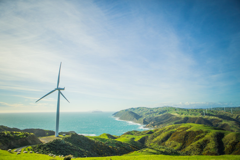 Photograph of a coastal New Zealand landscape with a wind turbine.