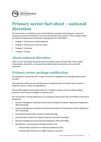 cover national direction fact sheet primary sector