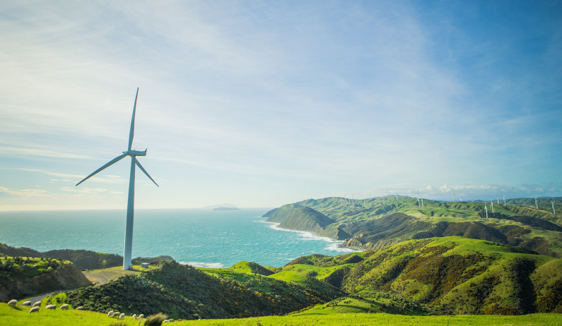 A wind turbine on farmland with the ocean in the background.  
