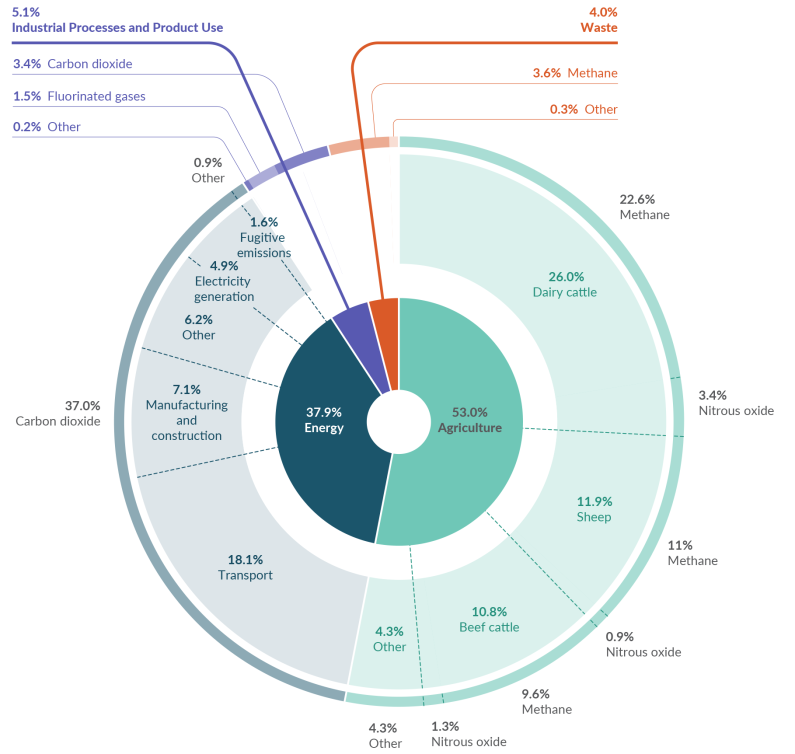 A doughnut graph showing gross emissions in 2024, broken down by sector (agriculture, energy, industrial processes and product use, and waste) and gas type. The energy and agriculture sectors are further broken down, showing that transport is the largest 