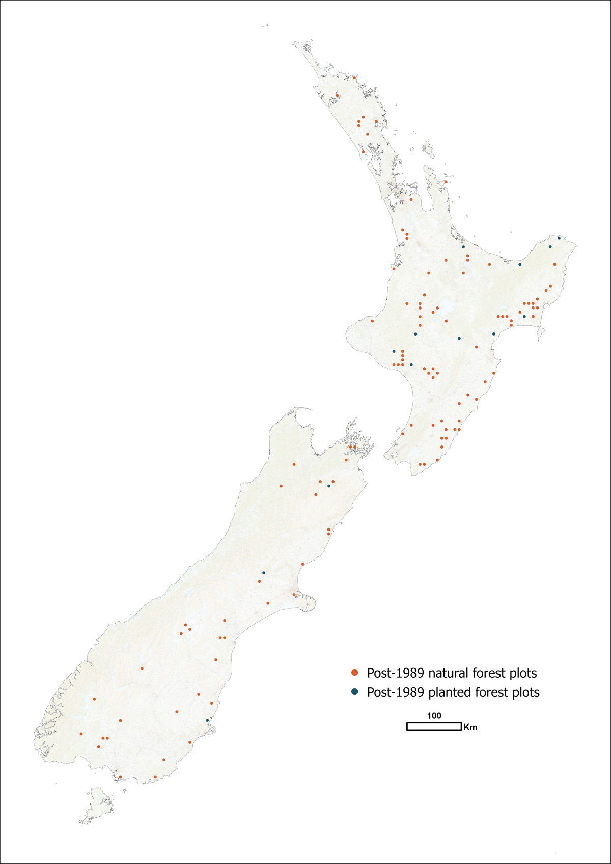 Location of forest sampling plots in post-1989 forests in New Zealand