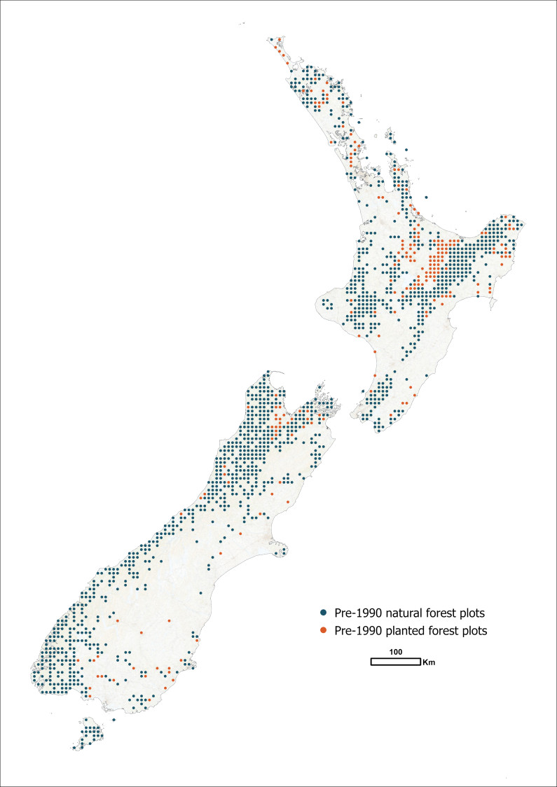 Location of forest sampling plots in pre-1990 forests in New Zealand
